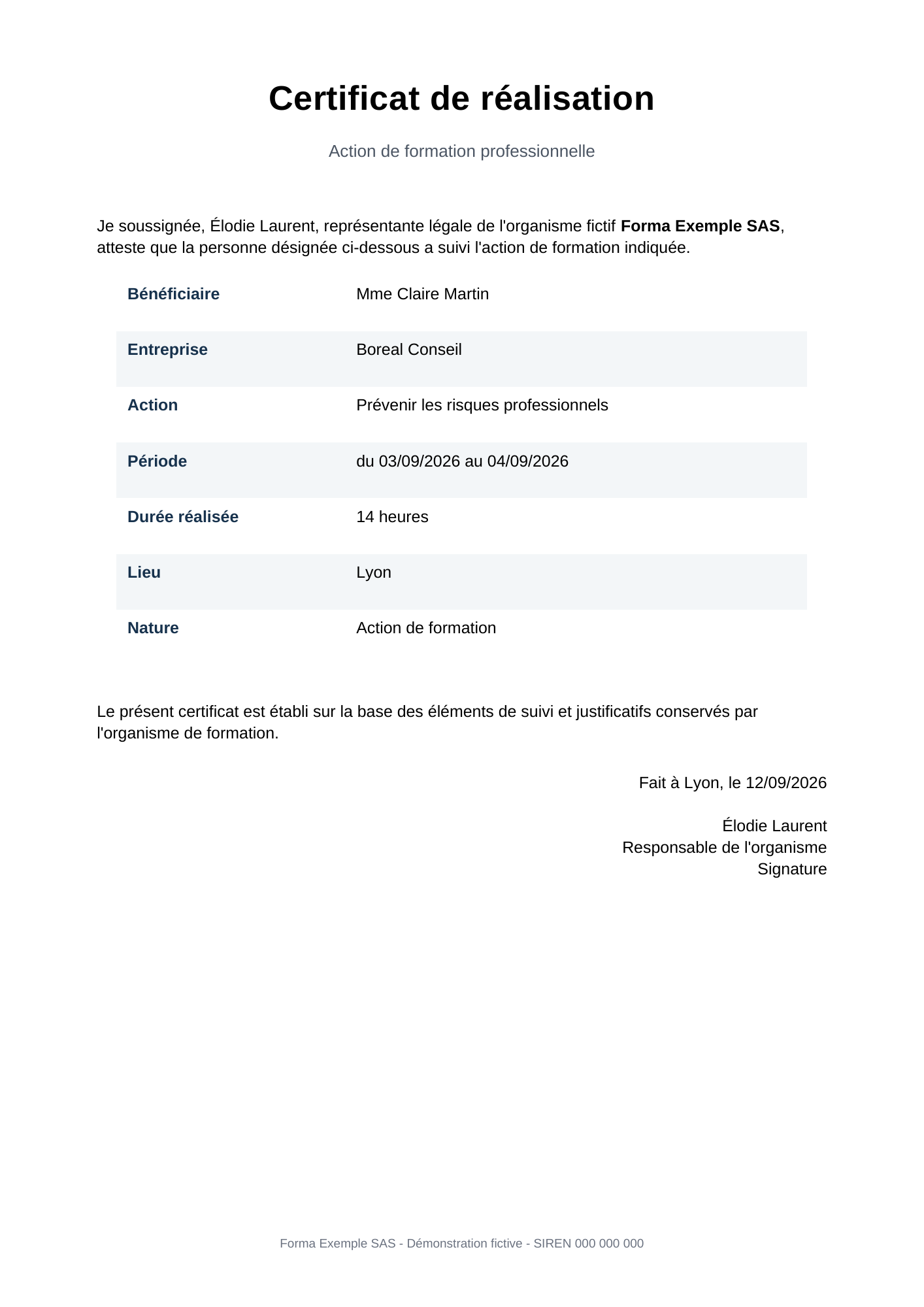 Exemple fictif d'un certificat de réalisation généré automatiquement